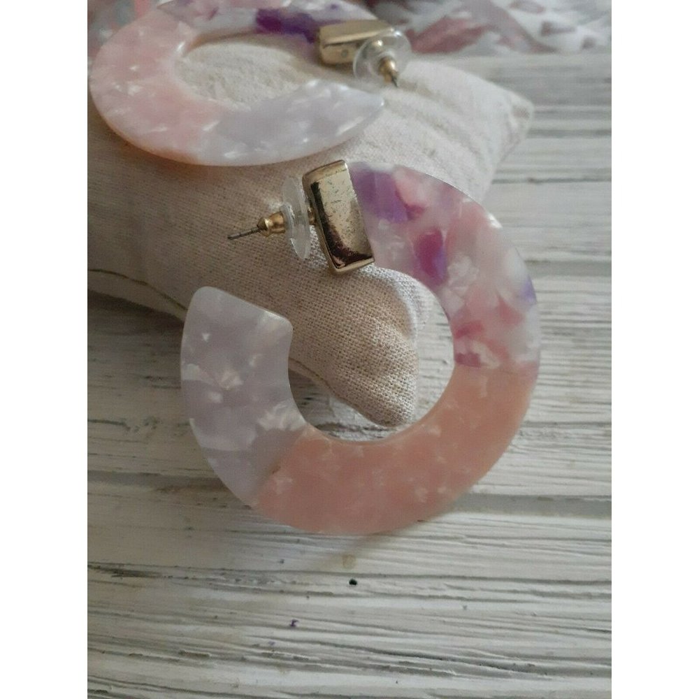 BAUBLEBAR DESSA Marbled Acetate  Pink Ombre 2.25" round HOOP EARRINGS Goldtone